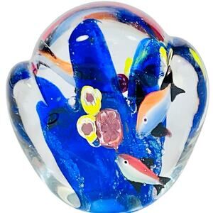 Murano Art Glass Fish Aquarium Bubble Hand Blown Paperweight Blue Clear 3"x3"